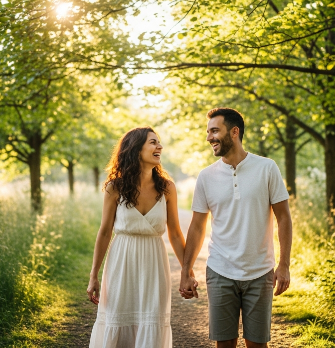 Couple walking together among the trees